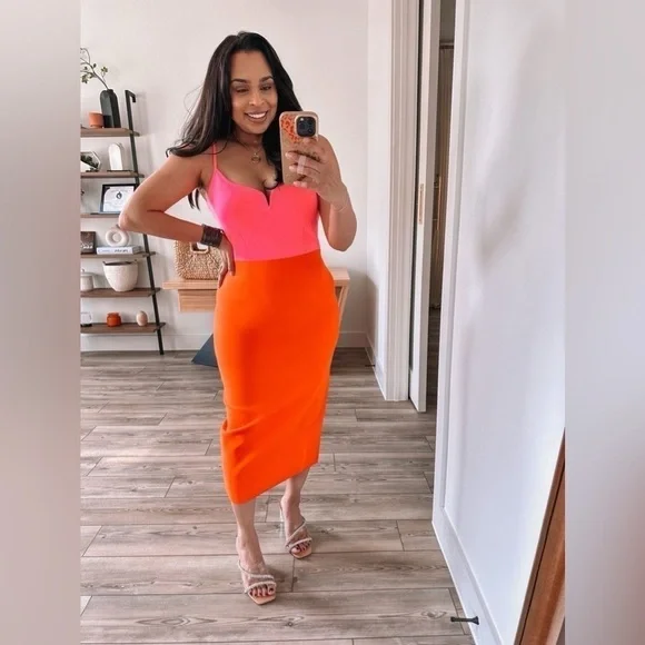 Express Body Contour V-Wire Color Block Midi Sweater Dress Large - Picture 15 of 16